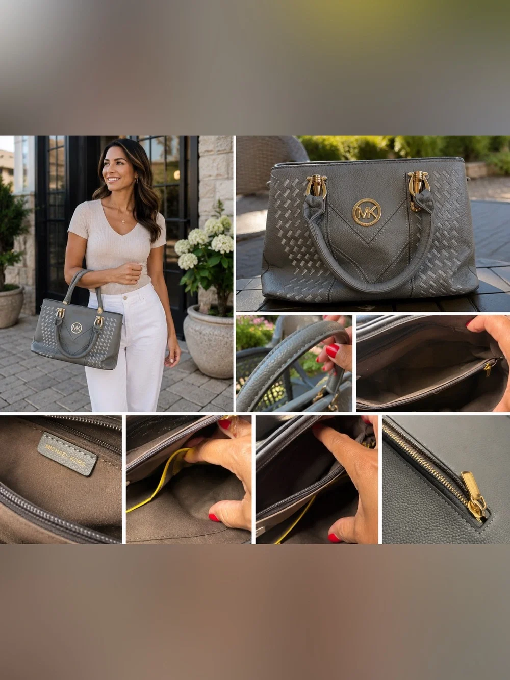 Michael Kors Gray Perforated Leather Satchel with Gold Hardware